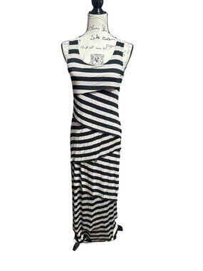 Striped Black & Beige Maxi Dress Sleeveless Ruched Spense Small